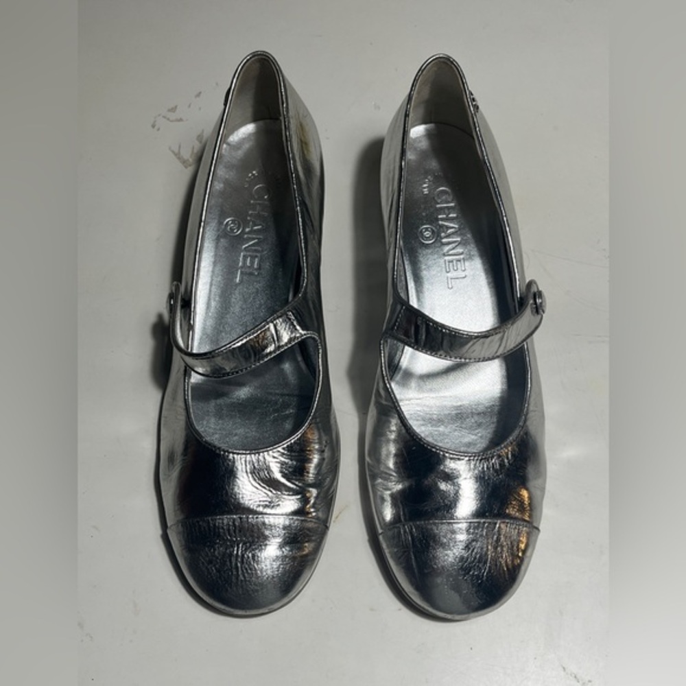 CHANEL Silver Mary Jane Flats with Strap